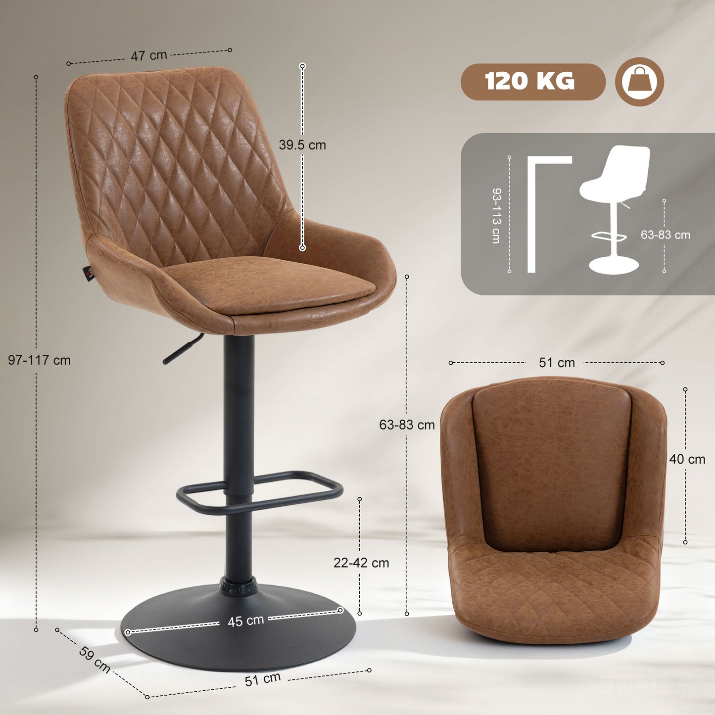 HOMCOM Set of Two Faux Leather Retro Bar Stools Orange With Padded Seats High Back Adjustable Height 63-83 cm