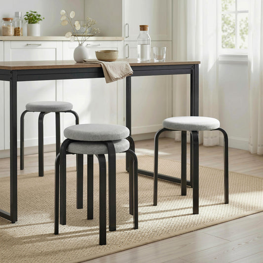 HOMCOM Stackable Cushioned Round Backless Stools Set of 4 Grey for Kitchen and Dining Room