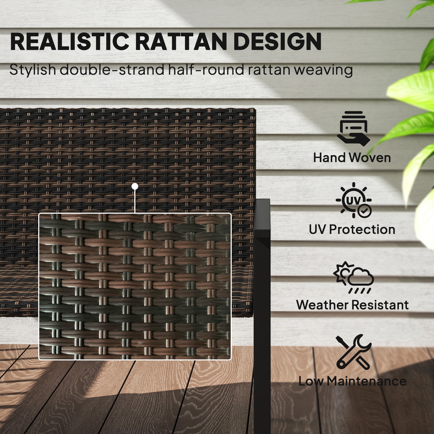 Outsunny Two Seater Rattan Garden Bench With Quick Drying Padding And Armrests Steel Frame Patio Loveseat Mixed Brown