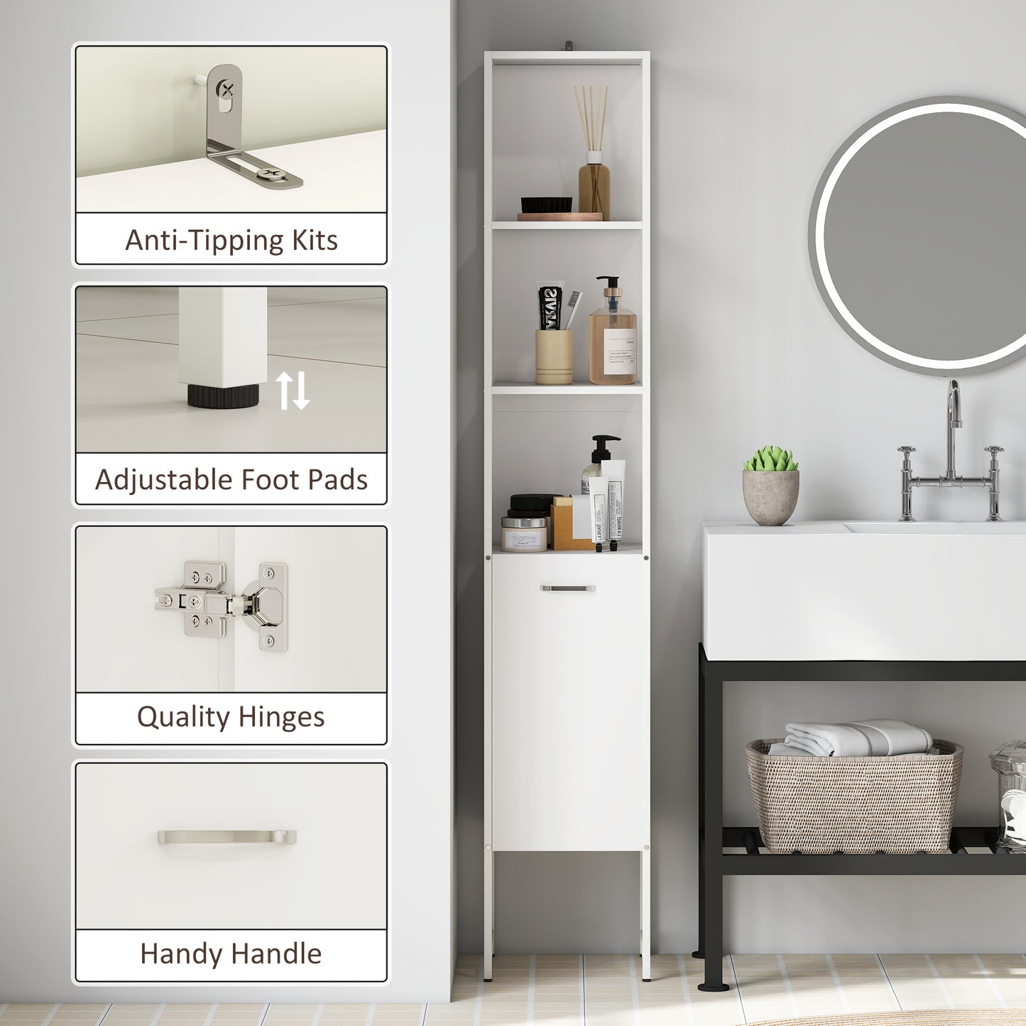 HOMCOM Tall Slim Bathroom Cabinet With Open Shelves And Closed Compartments White Five Level Adjustable Shelf