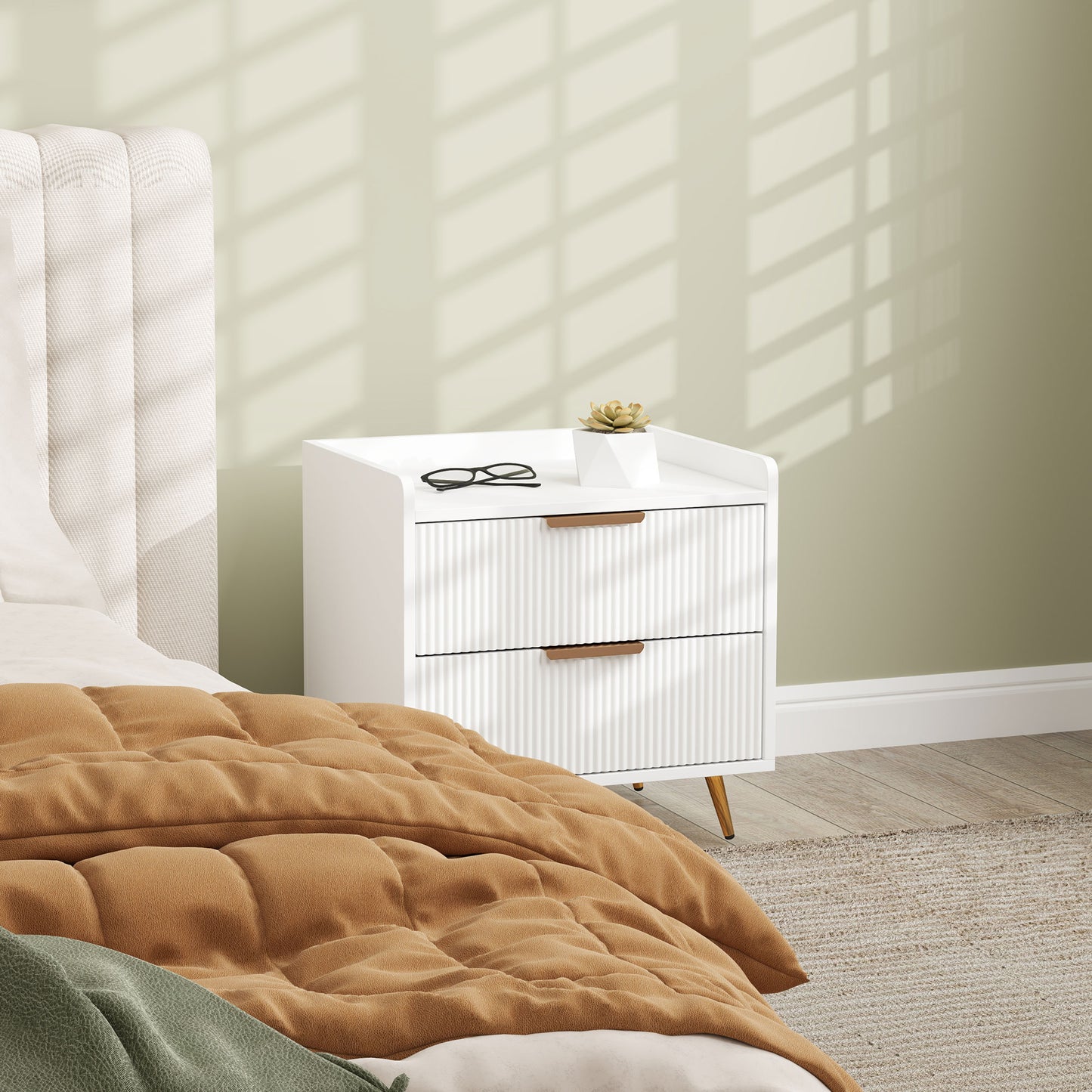 Homcom White Two Drawer Bedside Table With Gold Tone Handles And Flat Top Storage Nightstand