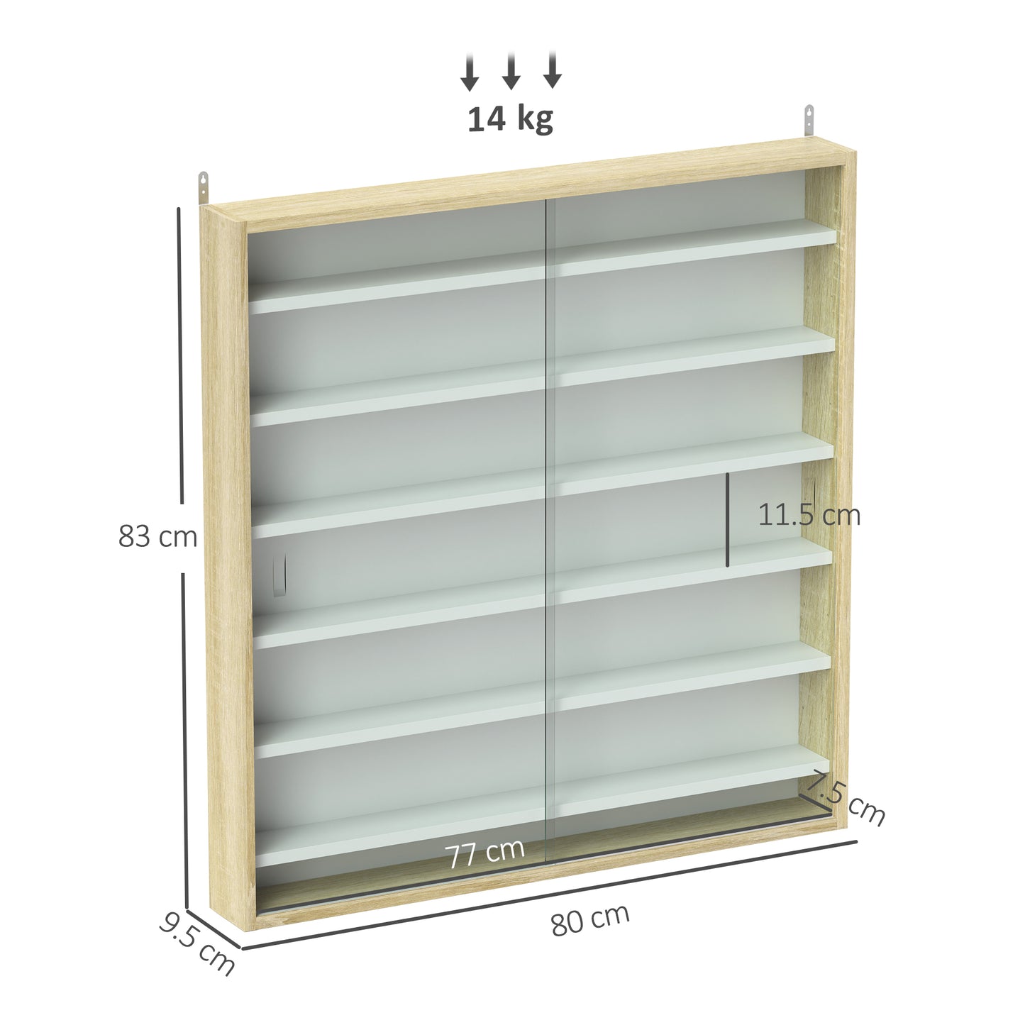 HOMCOM 7 Tier Wall Display Shelf Cabinet With Glass Doors 6 Adjustable Shelves For Home Office Oak 83 By 80 Cm