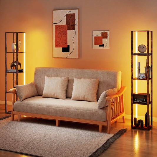 HOMCOM RGB LED Floor Lamp With Shelves, Modern Dimmable Standing Lamp With Remote Control Rustic Brown