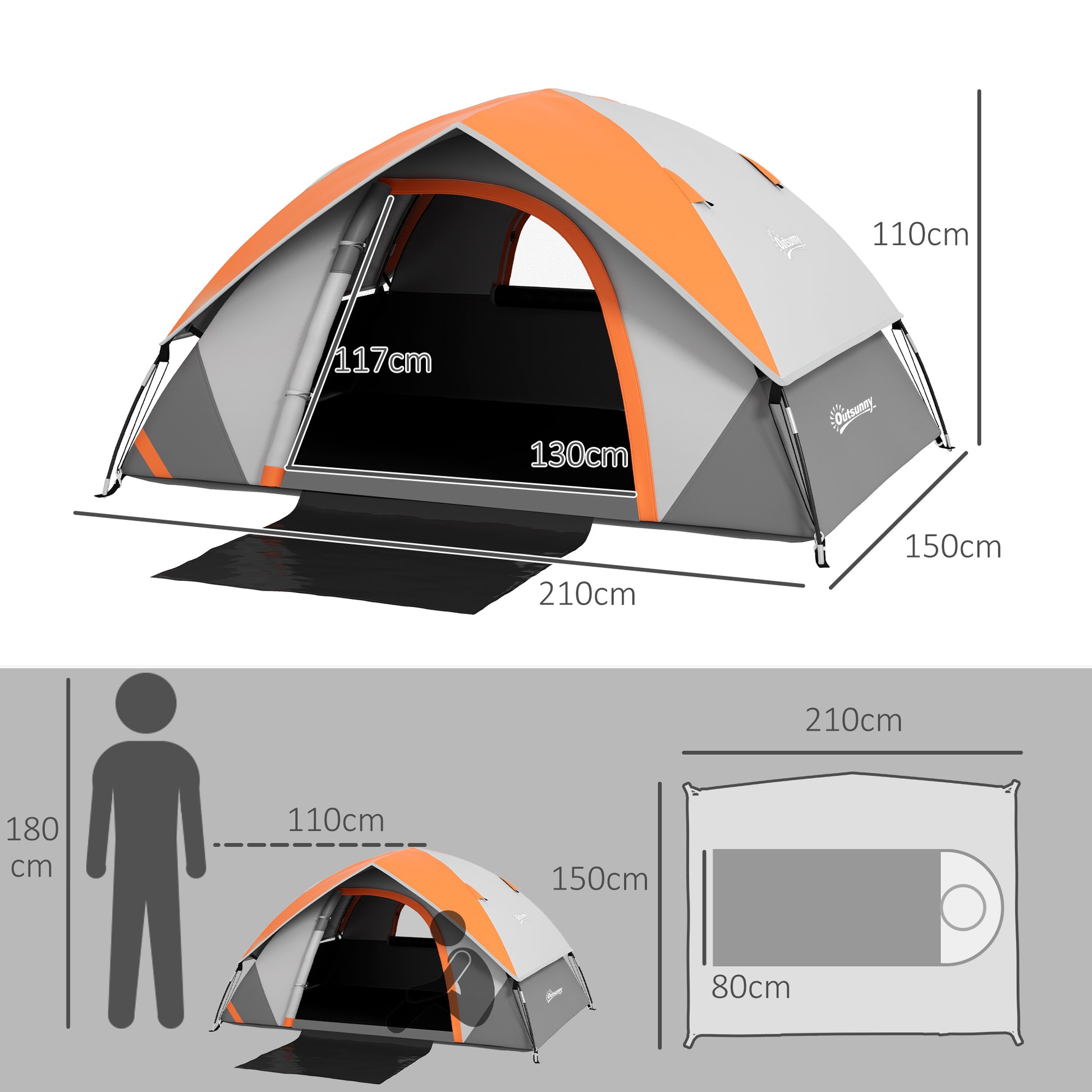 Outsunny 2-Person Waterproof Camping Tent with Sewn-in Groundsheet and Carry Bag - Grey and Orange - ALL4U RETAILER LTD