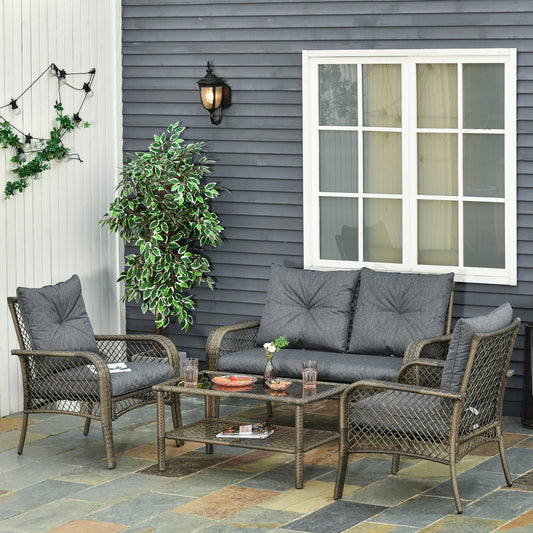 Outsunny 4-Piece Grey Outdoor Rattan Wicker Sofa Set with Cushions and Coffee Table for Garden Patio - ALL4U RETAILER LTD