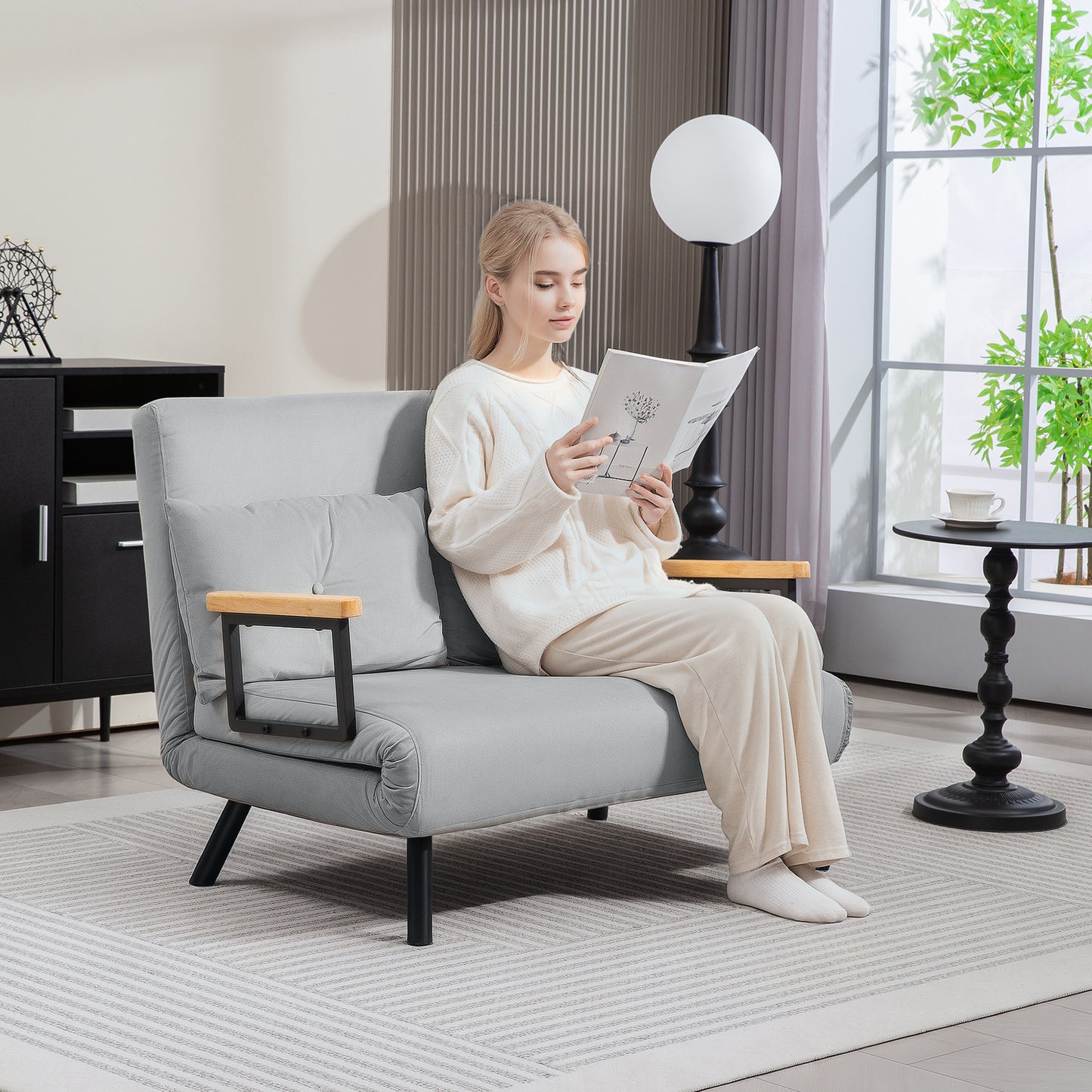 HOMCOM 4 in 1 Velvet Feel Double Sofa Bed With Pillows In Light Grey Steel Frame Five Position Back Thick Foam Padding
