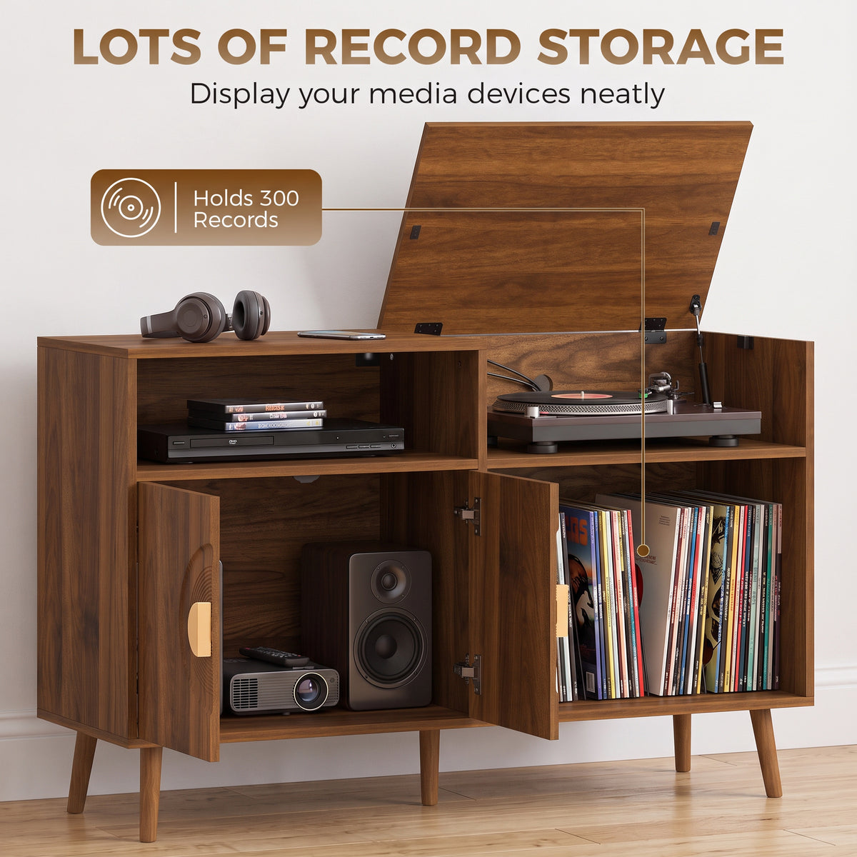 HOMCOM Vinyl Record Player Stand with 300 Album Storage and Flip Top Walnut