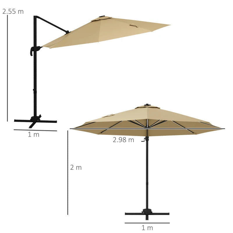 Outsunny 3m Adjustable Cantilever Parasol with Base and Solar LED Lights, Khaki – Outdoor Patio Umbrella - ALL4U RETAILER LTD