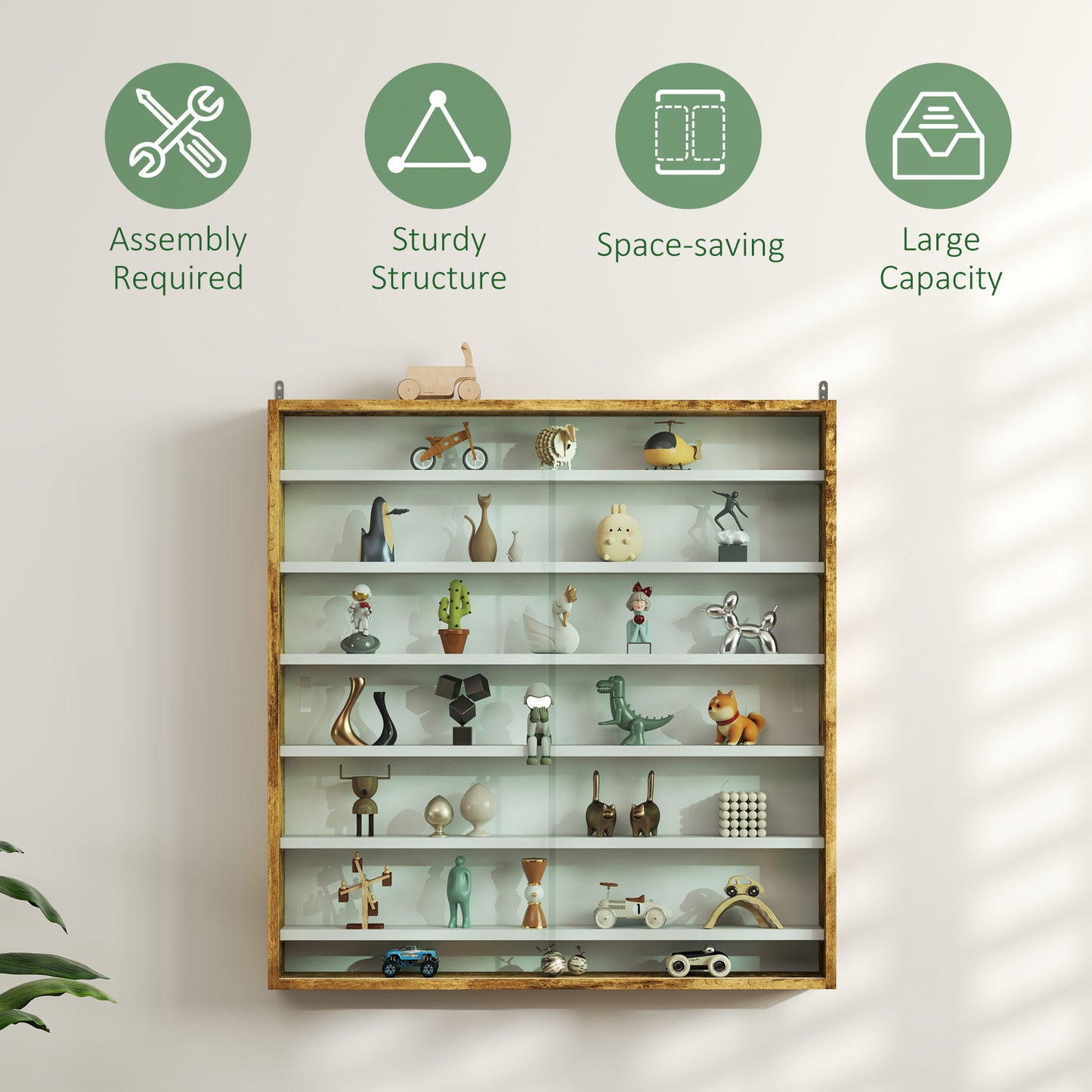 HOMCOM Six Shelf Wall Display Cabinet With Glass Doors In Brown Ideal For Display And Storage