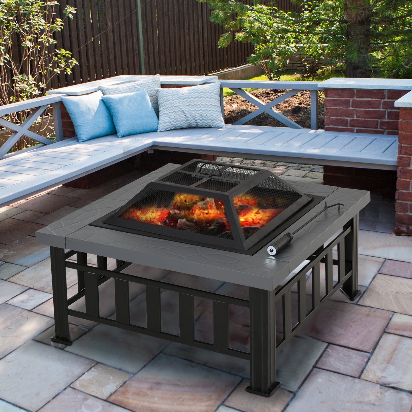 Outsunny Outdoor Square Fire Pit With Rain Cover And Log Grate For Backyard Camping BBQ Bonfire 86 x 86 x 54cm Black