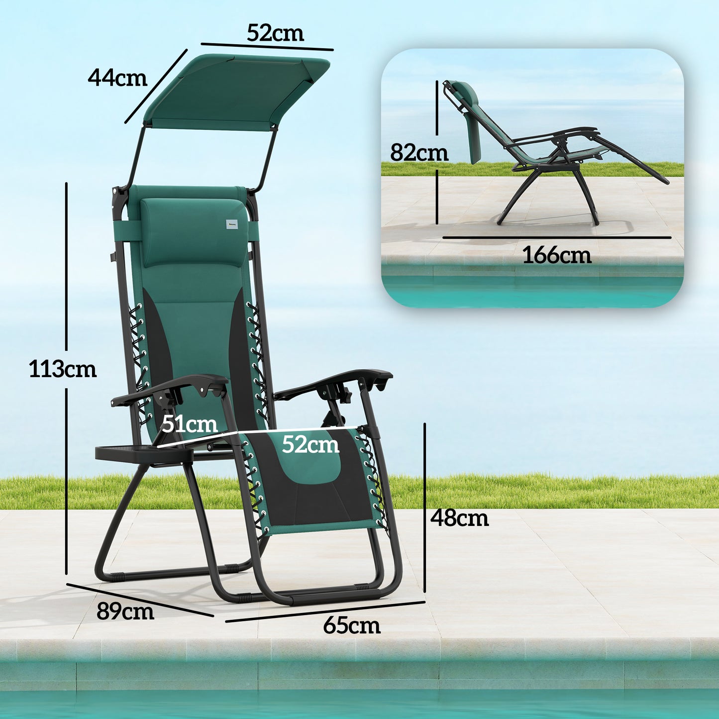 Outsunny Zero Gravity Lounger Chair Folding Reclining Patio Chair With Shade Cover Padded Seat Cup Holder Green