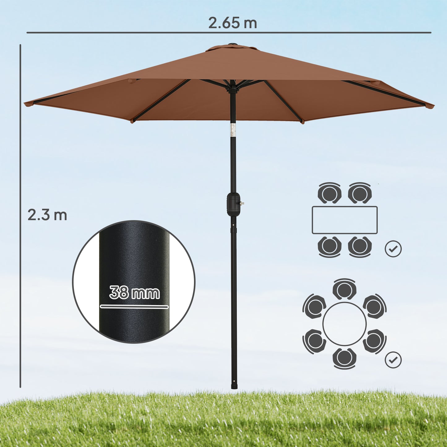Outsunny 2.6m Garden Parasol Umbrella With Aluminium Pole Tilt And Crank Vent Outdoor Patio Coffee