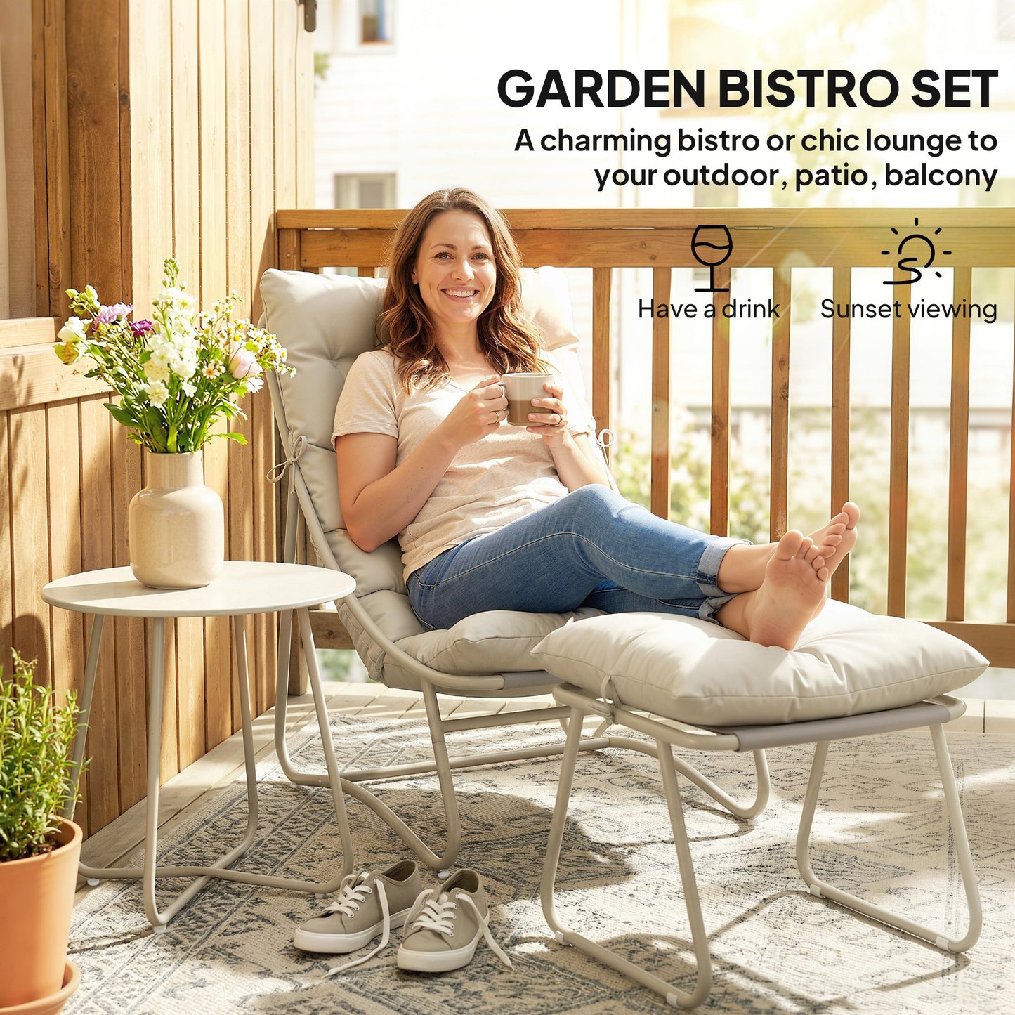 Outsunny Bistro Set Garden 3 Piece Outdoor Table And Chair With Footstool Removable Cushions Comfy Balcony Furniture