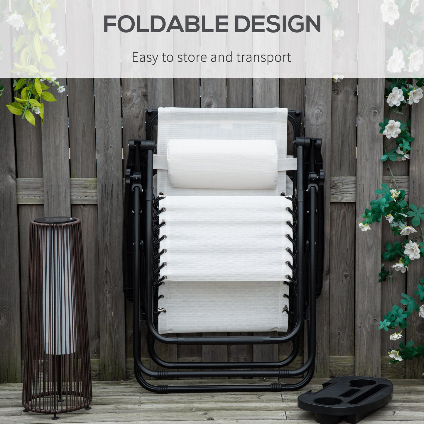 Outsunny 2 Piece Foldable Reclining Garden Chair With Headrest Footrest Armrests Cup Holder Canopy Shade White