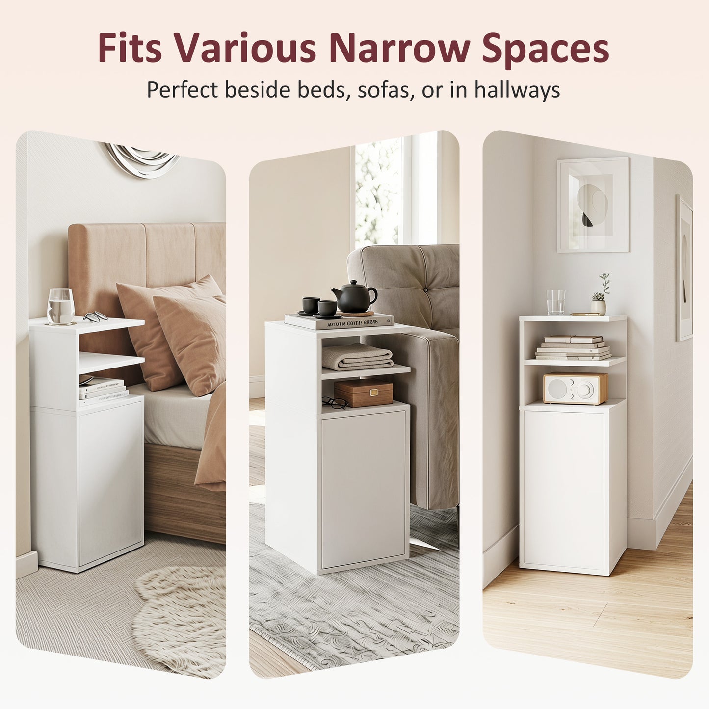 HOMCOM Slim Bedside Table Set Of 2 Narrow Nightstands With Open Cubbies And Cupboard In White For Bedroom