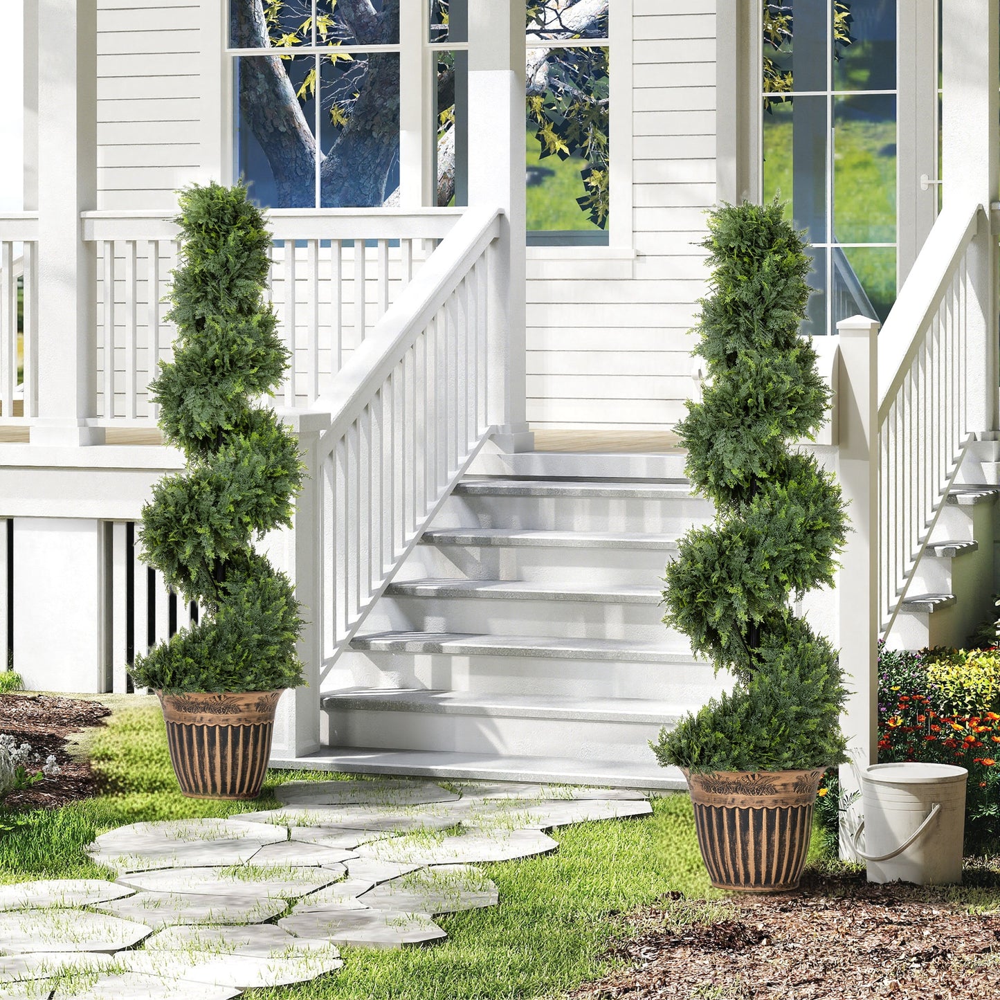 HOMCOM Set of 2 Artificial Topiary Spiral Boxwood Trees with Pots for Indoor Outdoor Decor 120cm