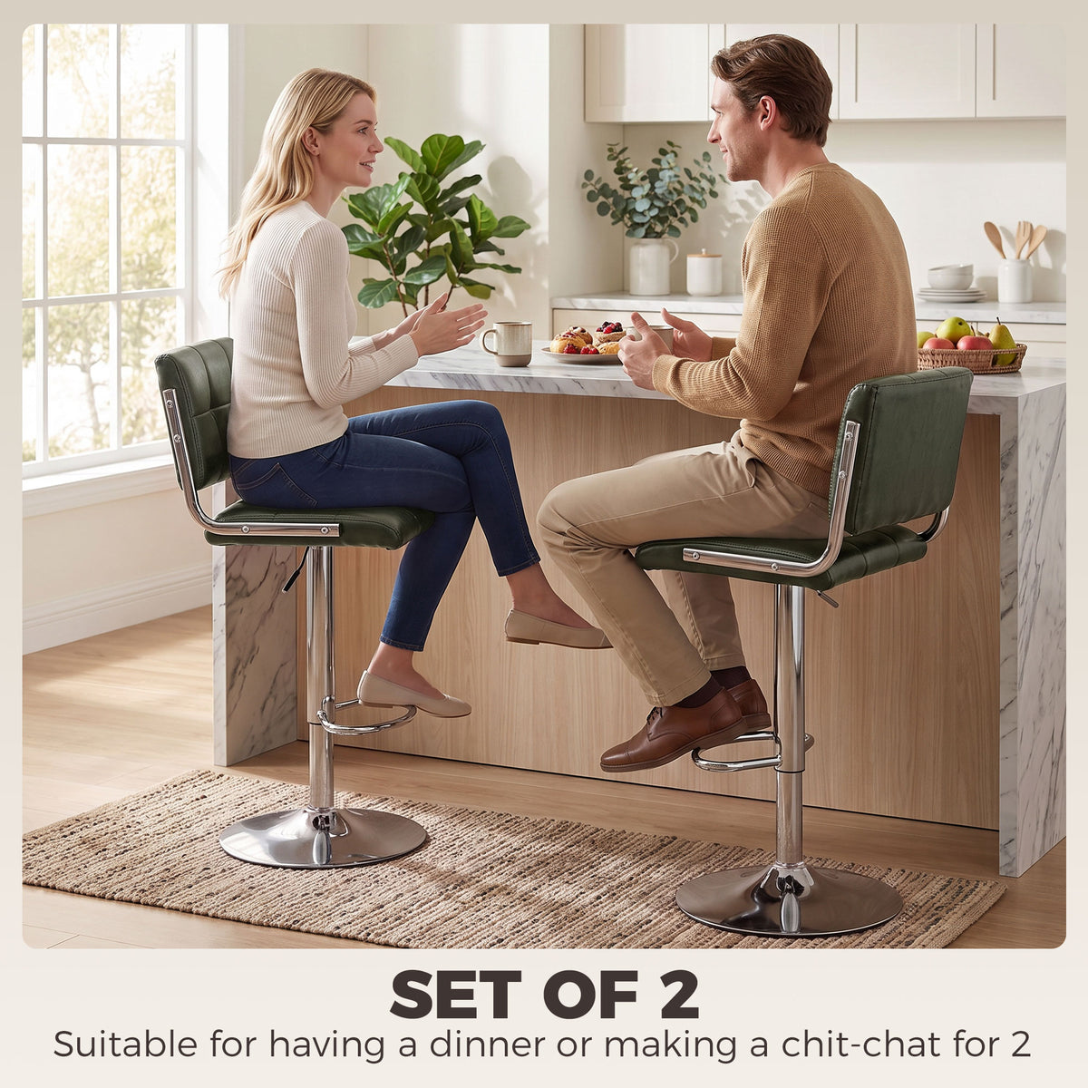 Set of 2 green PU leather bar stools with backrests and chrome footrest bases