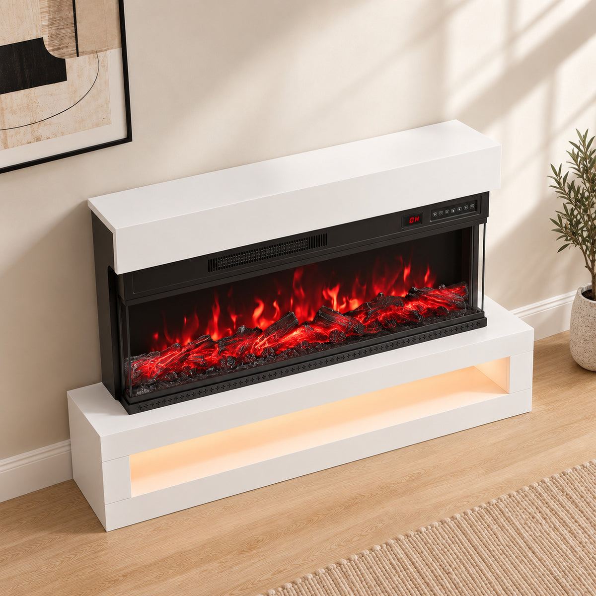 White electric fireplace with red flame insert and open shelf base in a corner