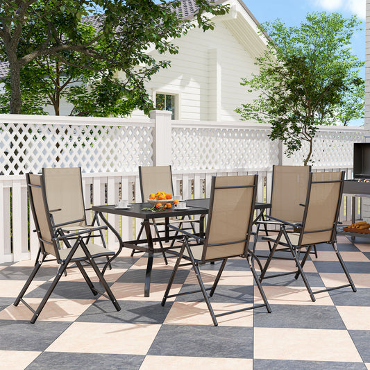 Outsunny Seven Piece Steel Outdoor Dining Set with Parasol Hole Khaki Rectangular Table and Six Folding Chairs