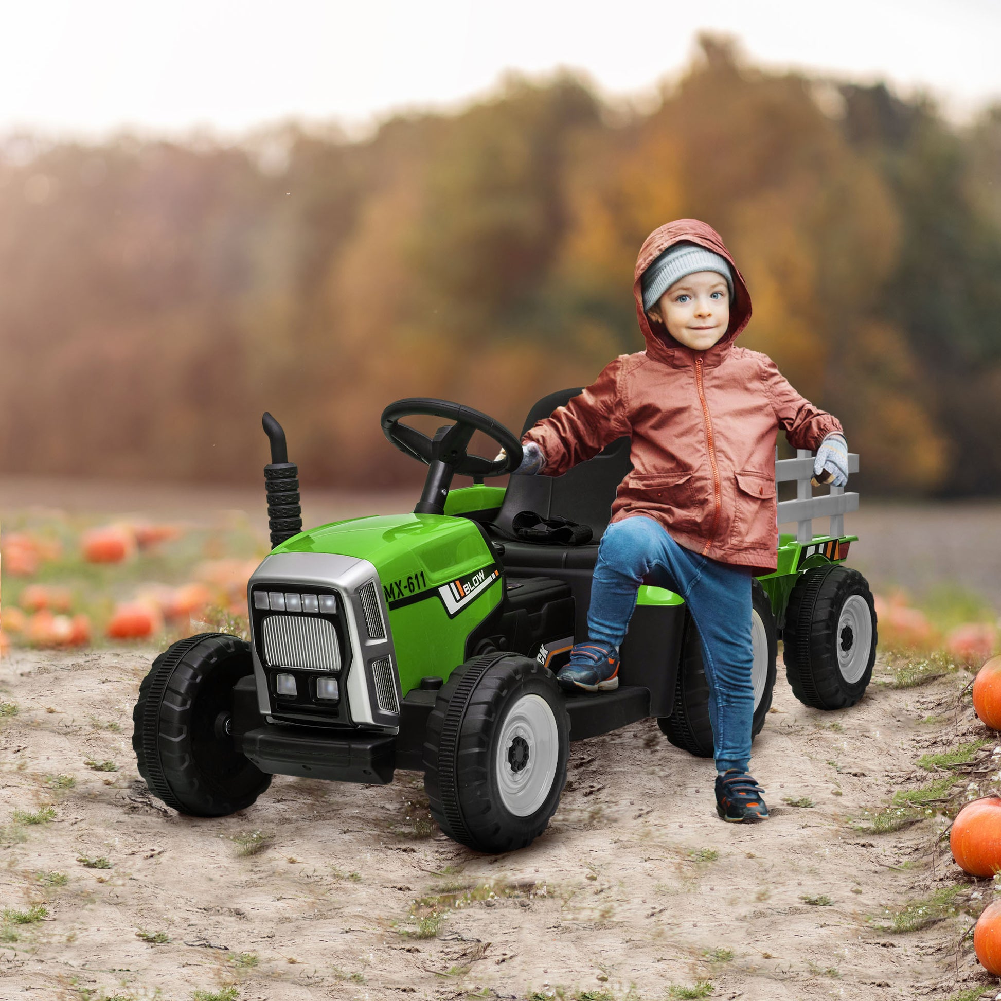 HOMCOM Electric Ride on Tractor with Detachable Trailer 12V Kids Battery Powered Electric Car with Remote Control Music for Kids Aged 3-6 Green - ALL4U RETAILER LTD