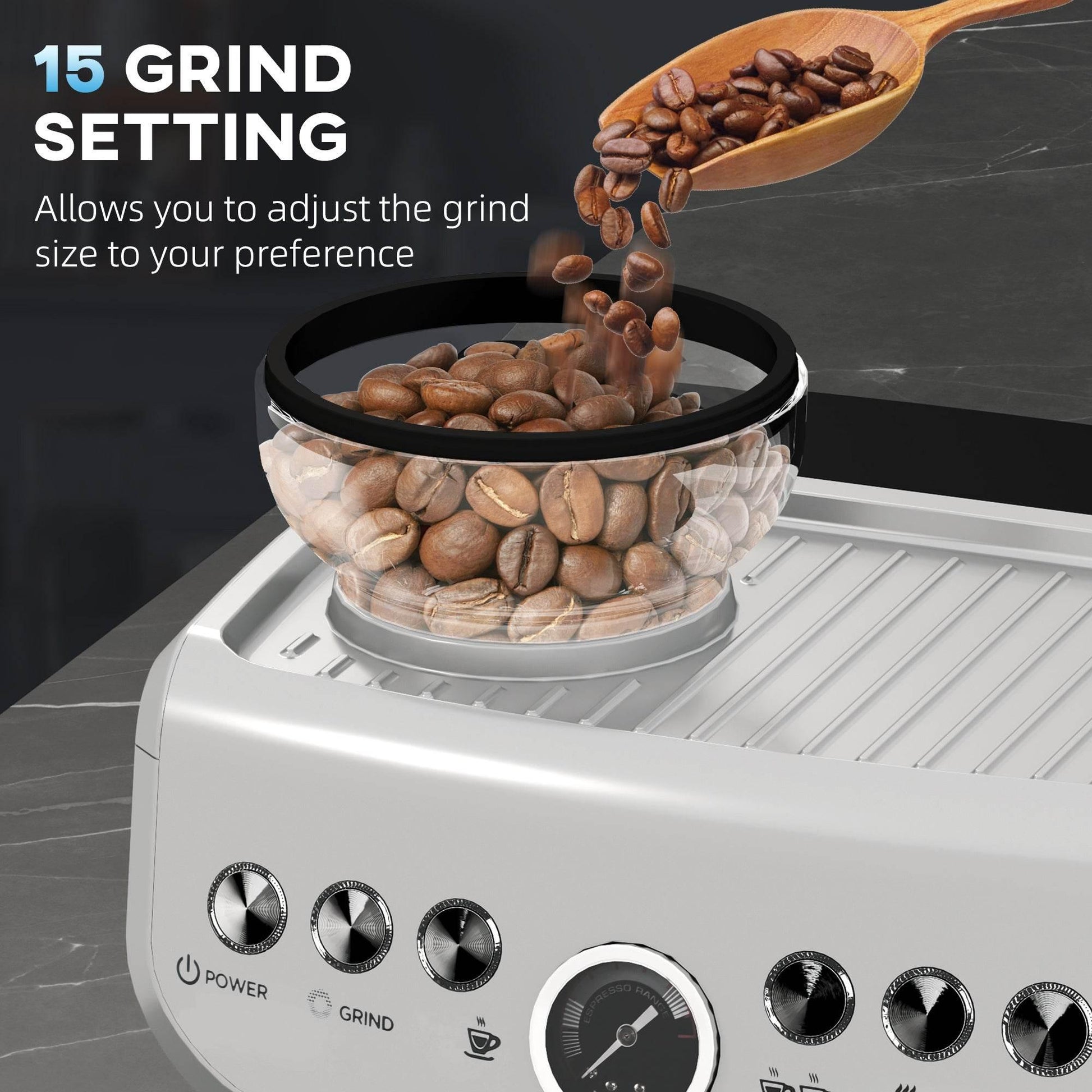 HOMCOM 15 Bar Espresso Maker with Adjustable Grind Settings and Milk Steamer - Silver Finish - ALL4U RETAILER LTD