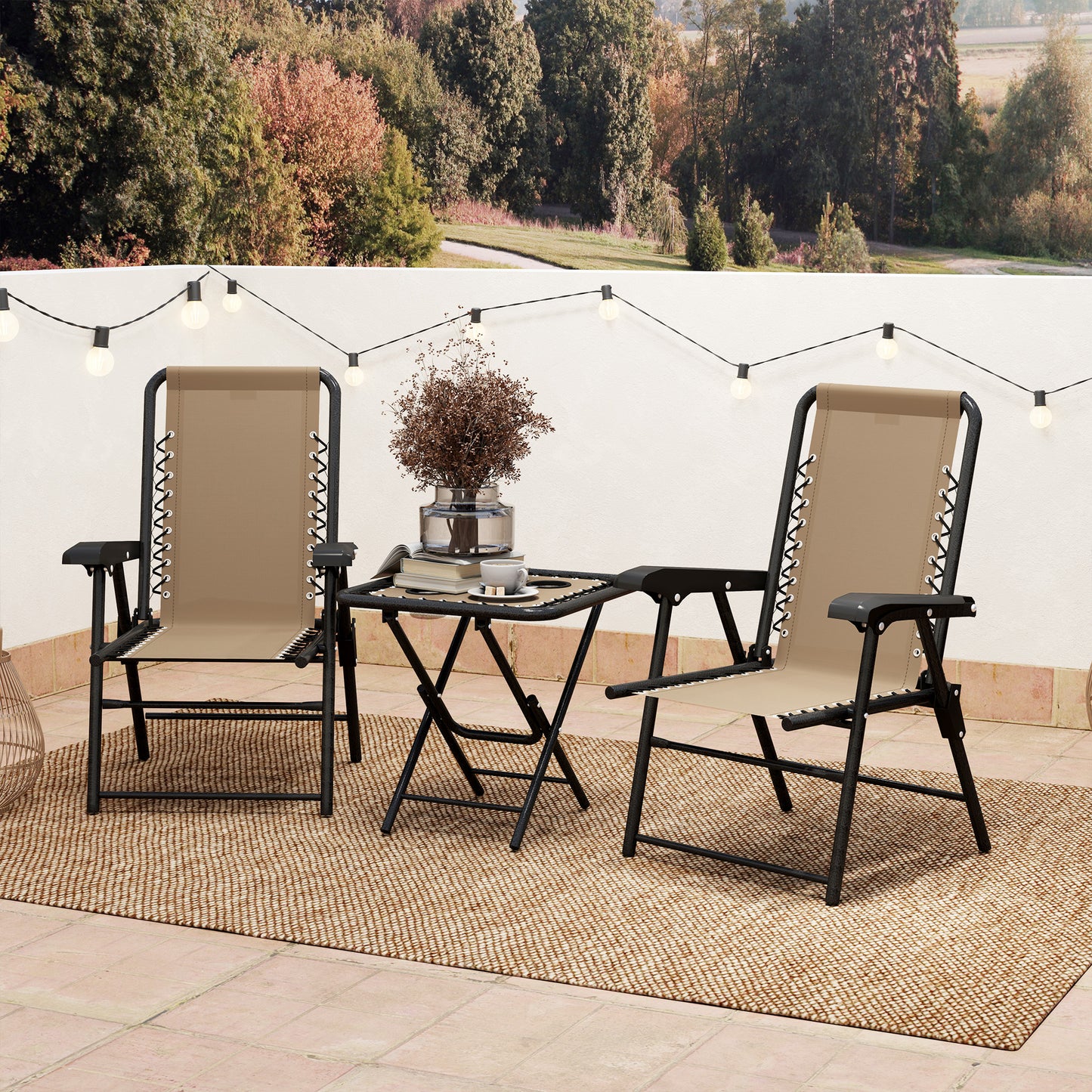 Outsunny Three Piece Garden Table And Chair Set In Khaki With Powder Coated Steel Frame And Textiline Fabric