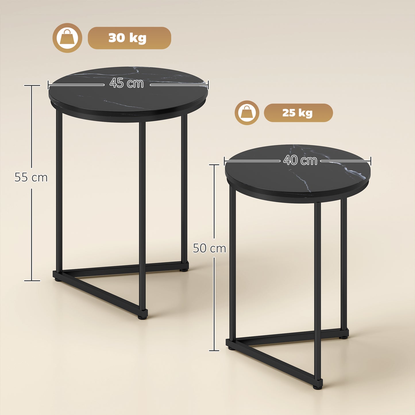 HOMCOM Set Of Two Marble Effect Nest Of Tables With Small And Large Tables Black Frame For Lounge Hallway