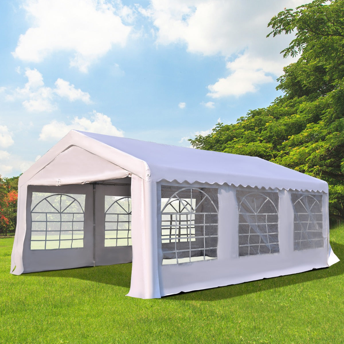 large white garden gazebo on grass