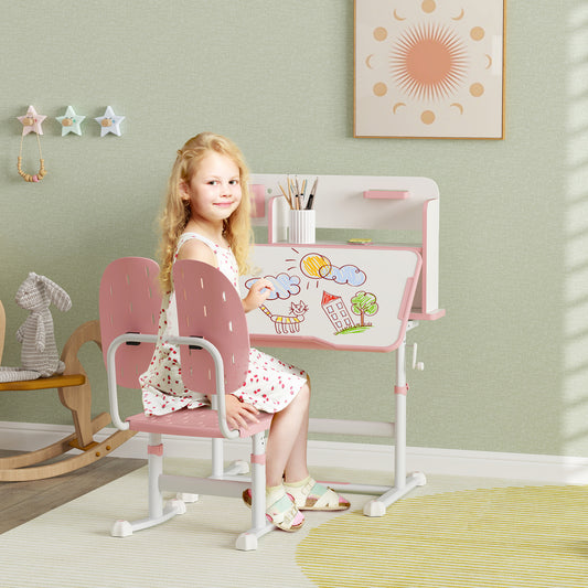 Adjustable Pink Children's Study Desk and Chair Set with Tiltable Top and Reading Rack