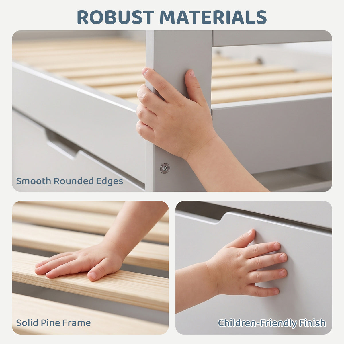 Kids bed frame with smooth rounded edges, solid pine slats, and child-friendly finish
