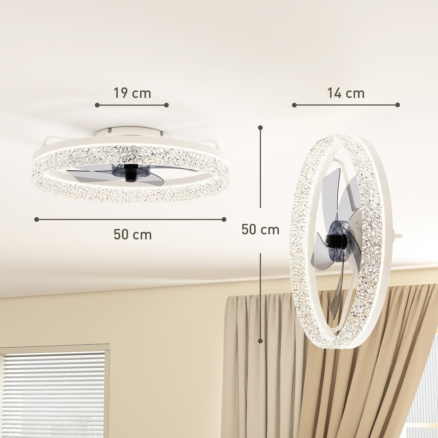HOMCOM Dimmable LED Ceiling Fan With Light Remote App Control For Bedroom White Quiet Operation