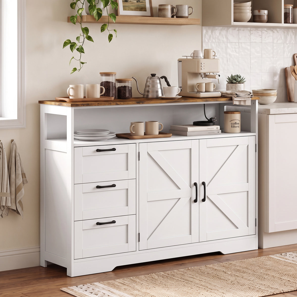 HOMCOM Farmhouse Sideboard Cabinet With Power Outlet 3 Drawers And Open Shelf