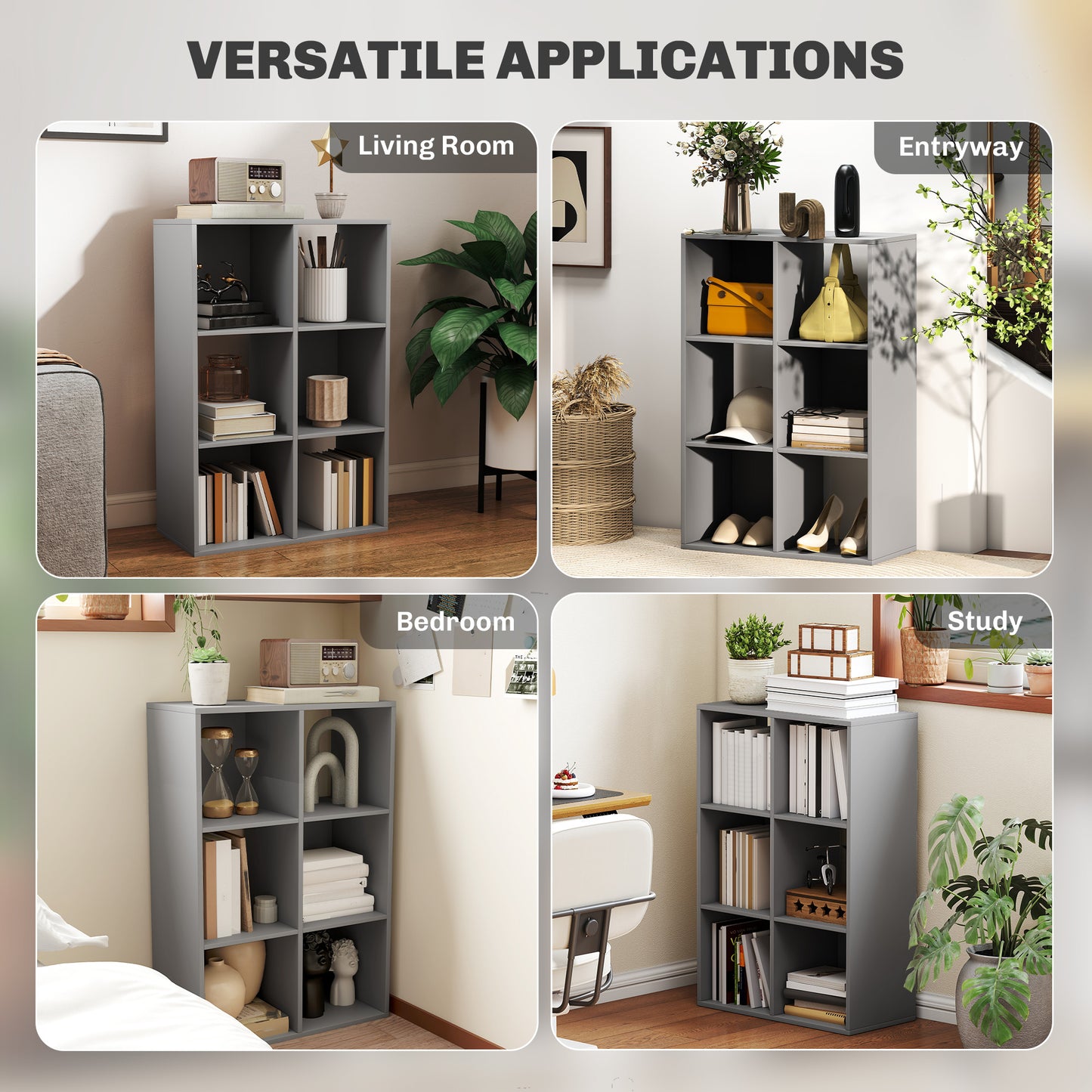 HOMCOM Six Cube Bookshelf In Light Grey Durable Particle Board Storage Organizer For Home Office Living Room