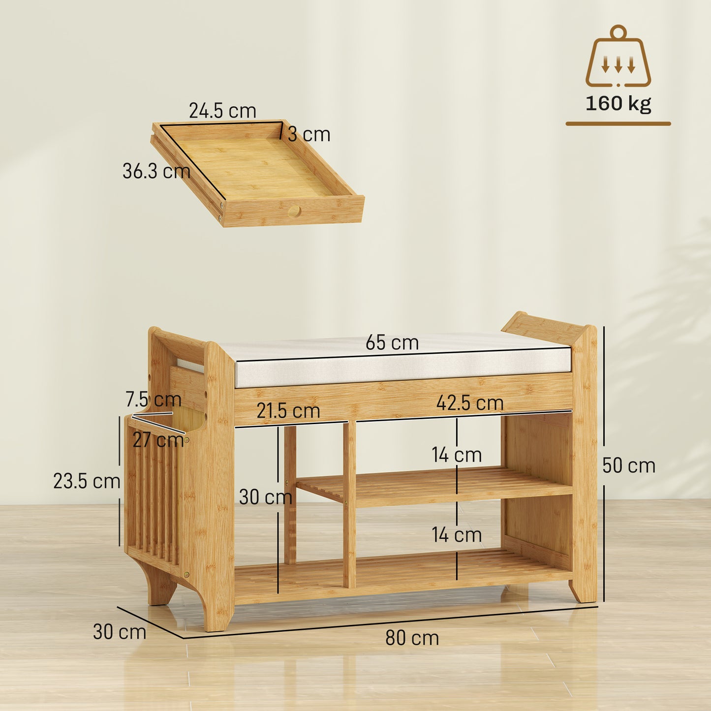 HOMCOM 2 Tier Shoe Bench With Cushioned Seat For Entryway Storage Natural And Cream 100 x 30 x 50 cm