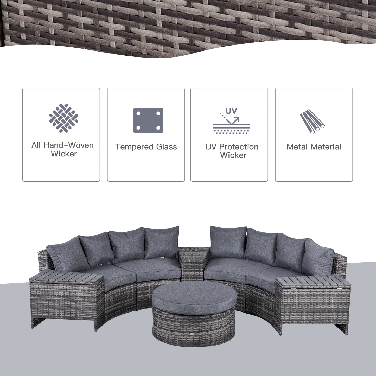 Outsunny Grey 4-Piece Semi-Circular Outdoor Wicker Sofa Set with Storage Tables and Umbrella Hole - ALL4U RETAILER LTD