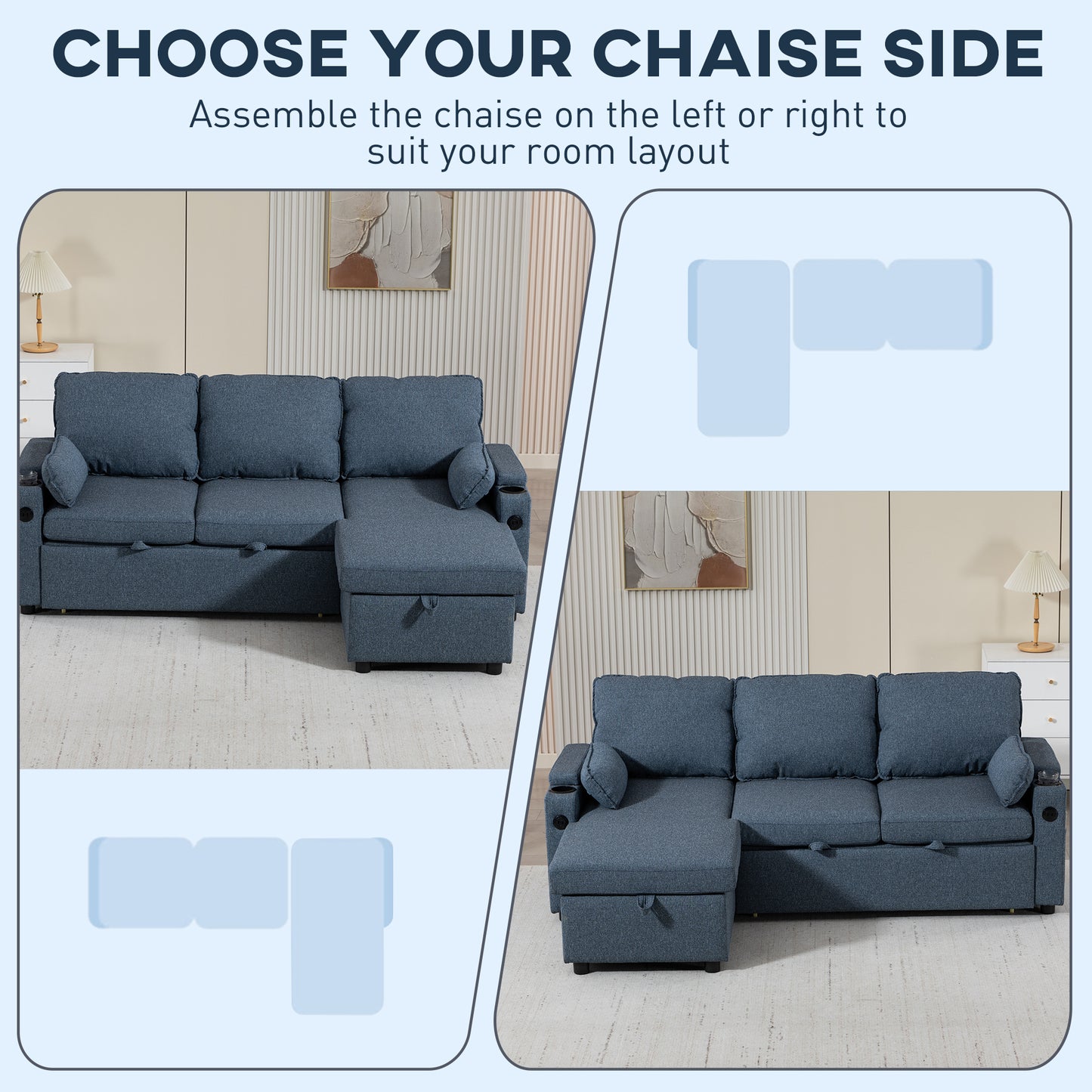 HOMCOM Corner Sofa Bed L Shaped Sleeper Sectional Sofa With Reversible Storage Chaise Blue