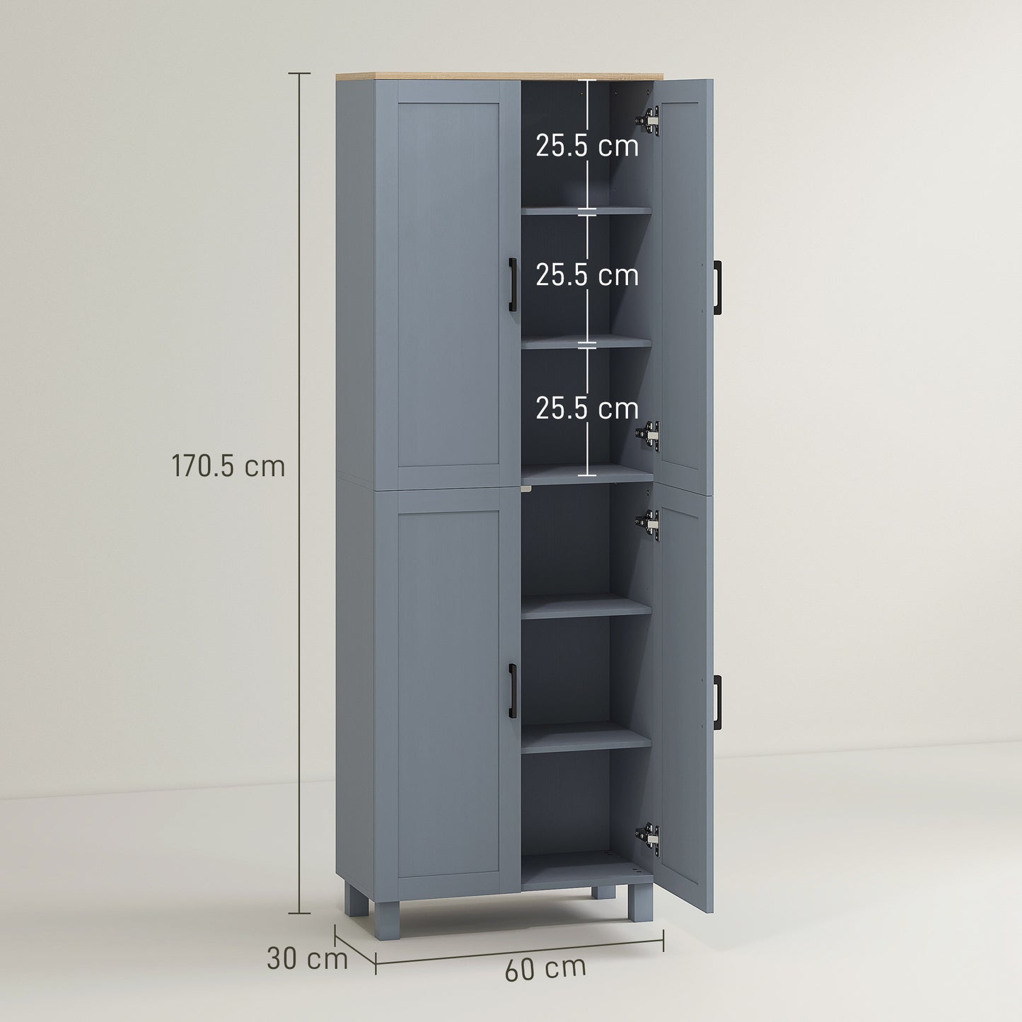 HOMCOM Freestanding Kitchen Cupboard 4-Door Storage Cabinet With Adjustable Shelves Grey Wood Effect 170cm Tall