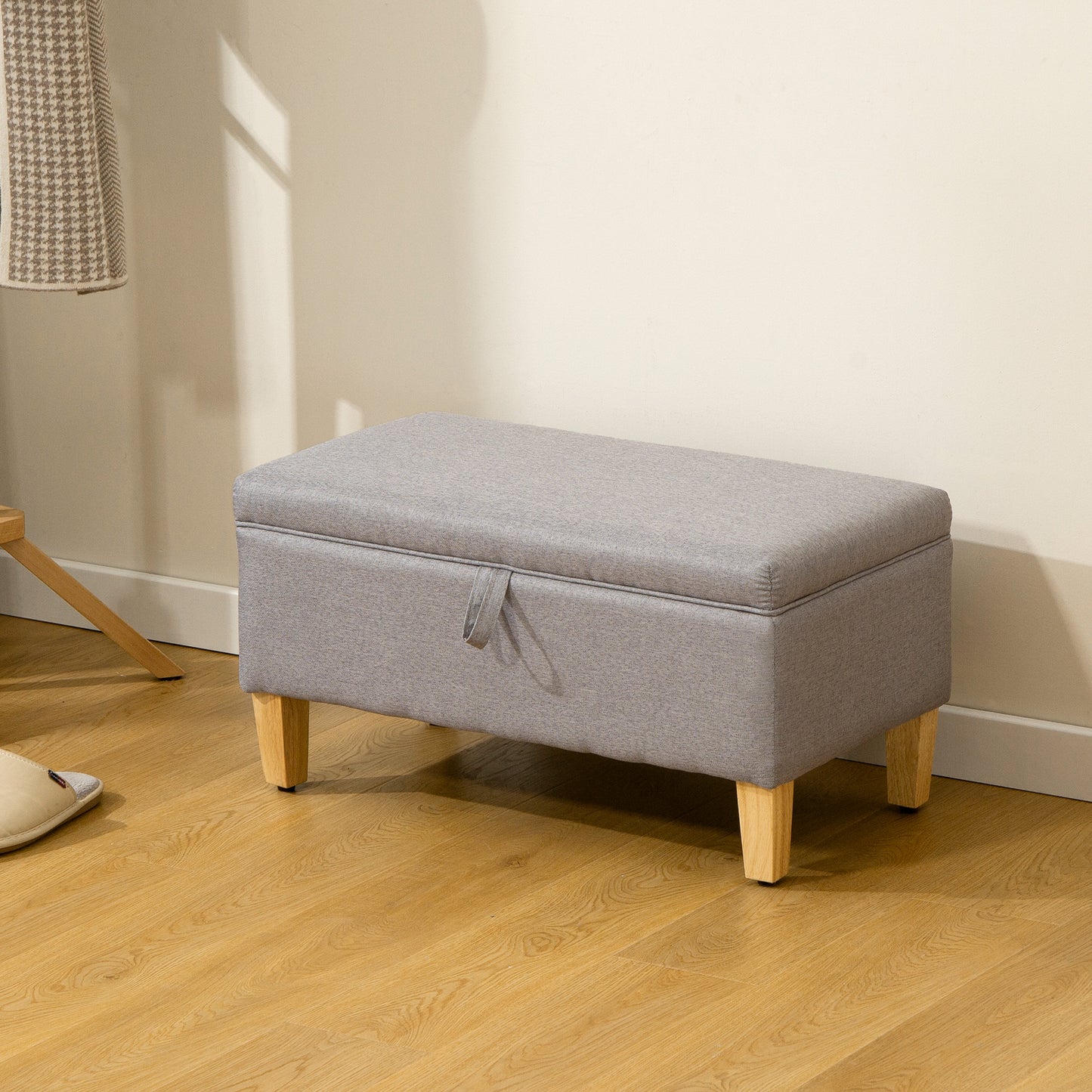 HOMCOM 30L Linen Storage Ottoman Padded Footstool With Rubberwood Legs Storage Box Bed End Shoe Bench Seating Light Grey