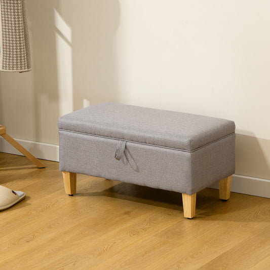 HOMCOM 30L Linen Storage Ottoman Padded Footstool With Rubberwood Legs Storage Box Bed End Shoe Bench Seating Light Grey