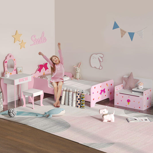ZONEKIZ 4PCs Kids Bedroom Furniture Set W/ Bed, Toy Box Bench, Dressing Table, Pink - ALL4U RETAILER LTD