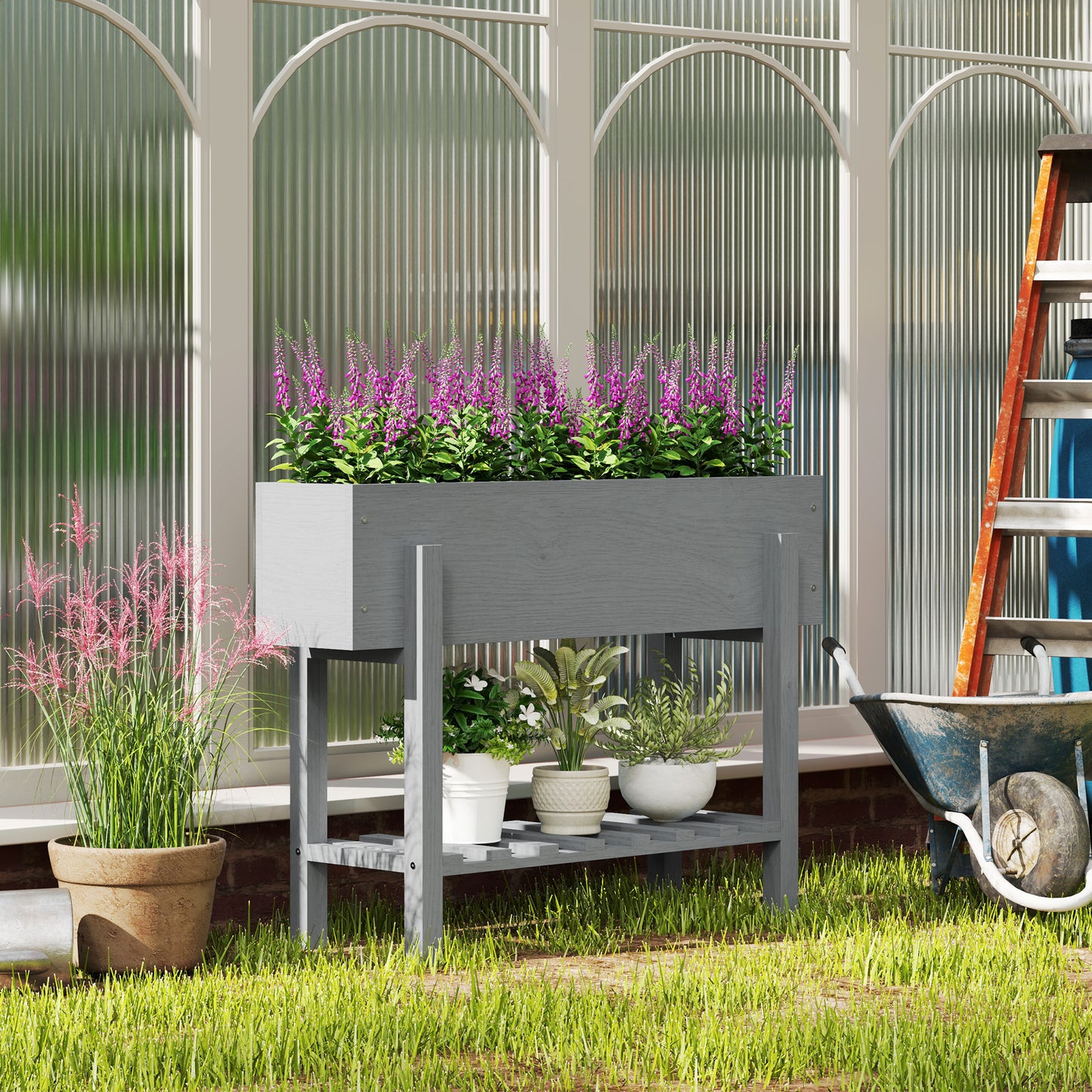 Outsunny Wooden Two Tier Raised Planter in Grey Made From Fir Wood with Weather Resistant Finish for Year Round Use