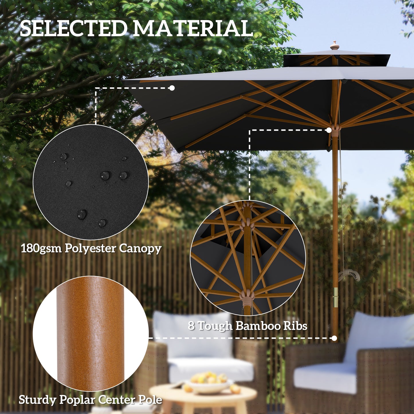 Outsunny 3 m Square Canopy Parasol With Bamboo And Poplar Wood Frame For Outdoor Shade Black