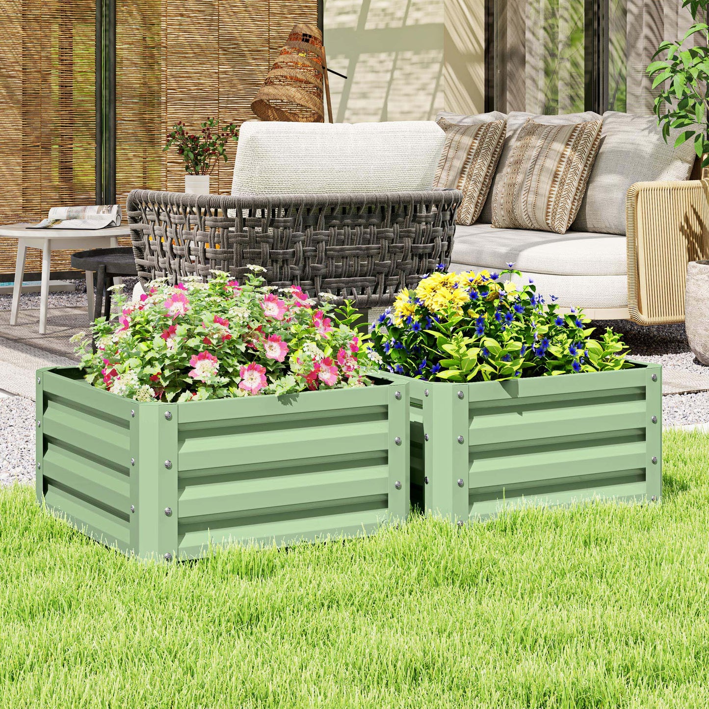 Outsunny Set of Two 60 by 60 cm Galvanised Steel Planter Boxes Open Bottom Outdoor Garden Light Green