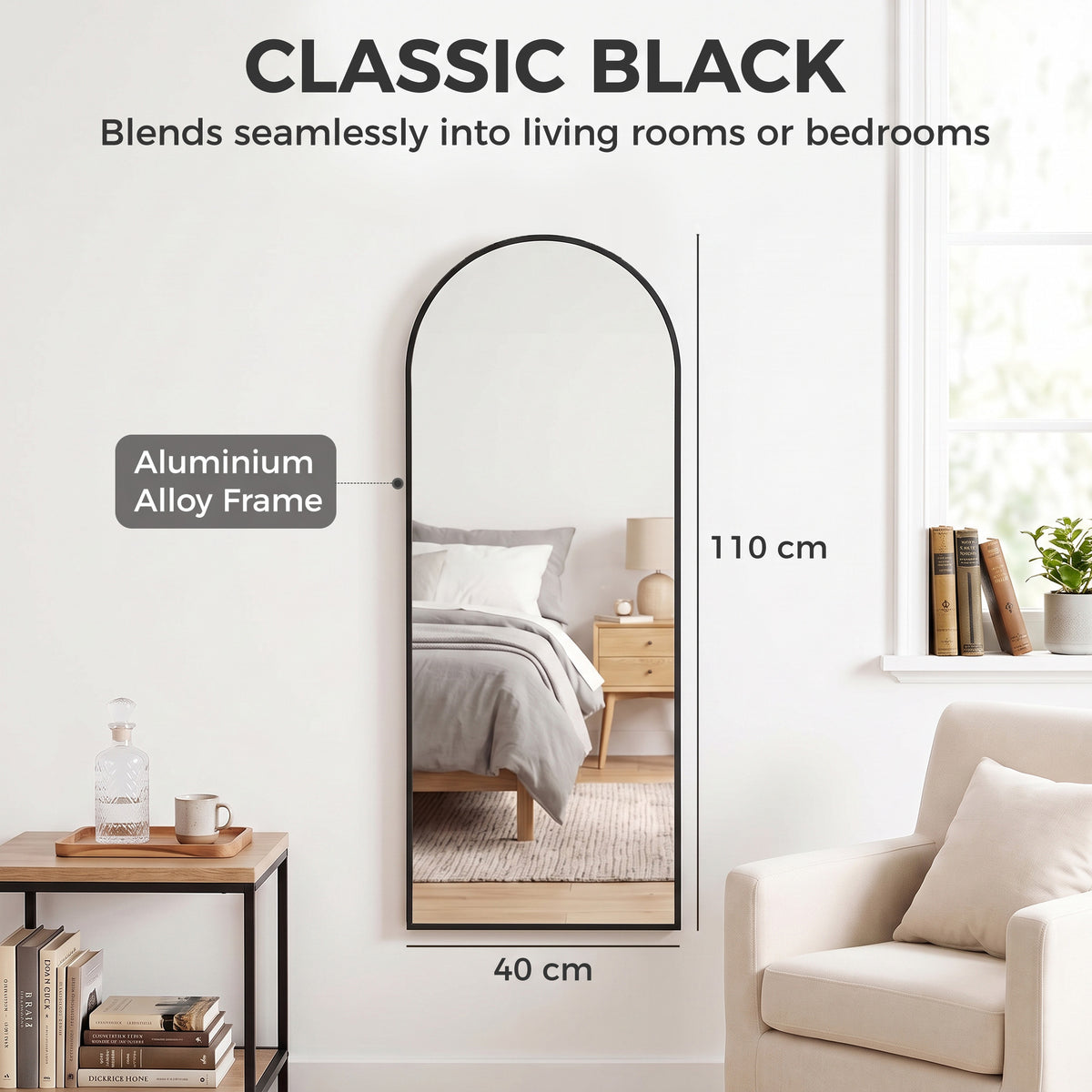 Arched full-length wall mirror with classic black frame, 40 cm wide and 110 cm tall