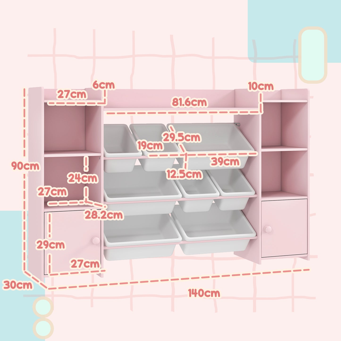 AIYAPLAY Kids Toy Organizers And Storage With 8 Removable Bins And Bookshelf Pink