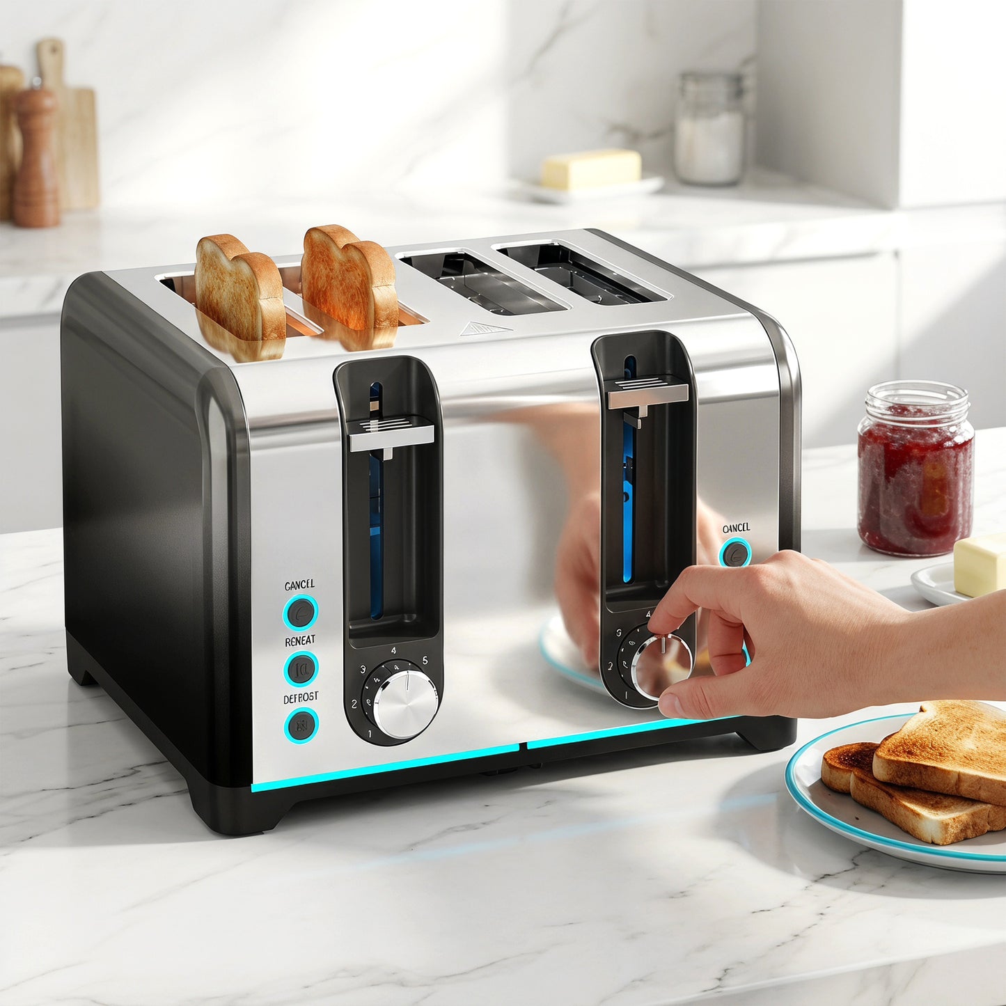 HOMCOM 4 Slice Toaster with 7 Browning Levels Reheat Defrost and Cancel Functions for Even Toasting
