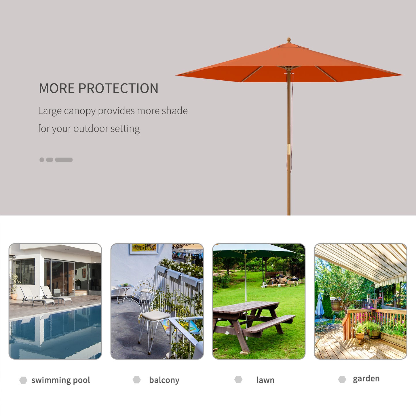 Outsunny 2.5m Wood Garden Parasol Sun Shade Patio Umbrella With Vent And Rope Pulley Mechanism 38mm Pole Orange