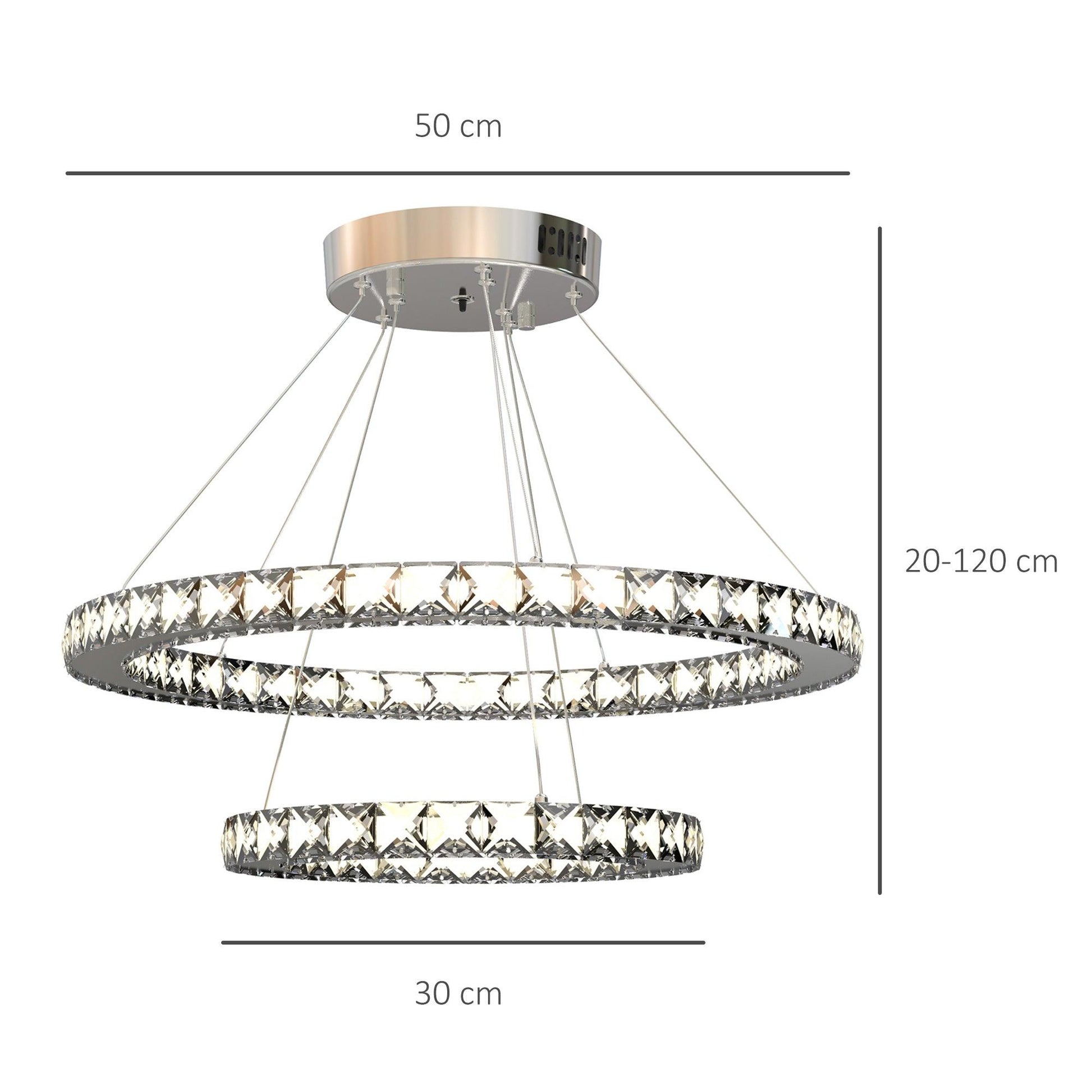 HOMCOM Modern LED Chandelier with Crystal Rings, Dimmable Ceiling Light - ALL4U RETAILER LTD