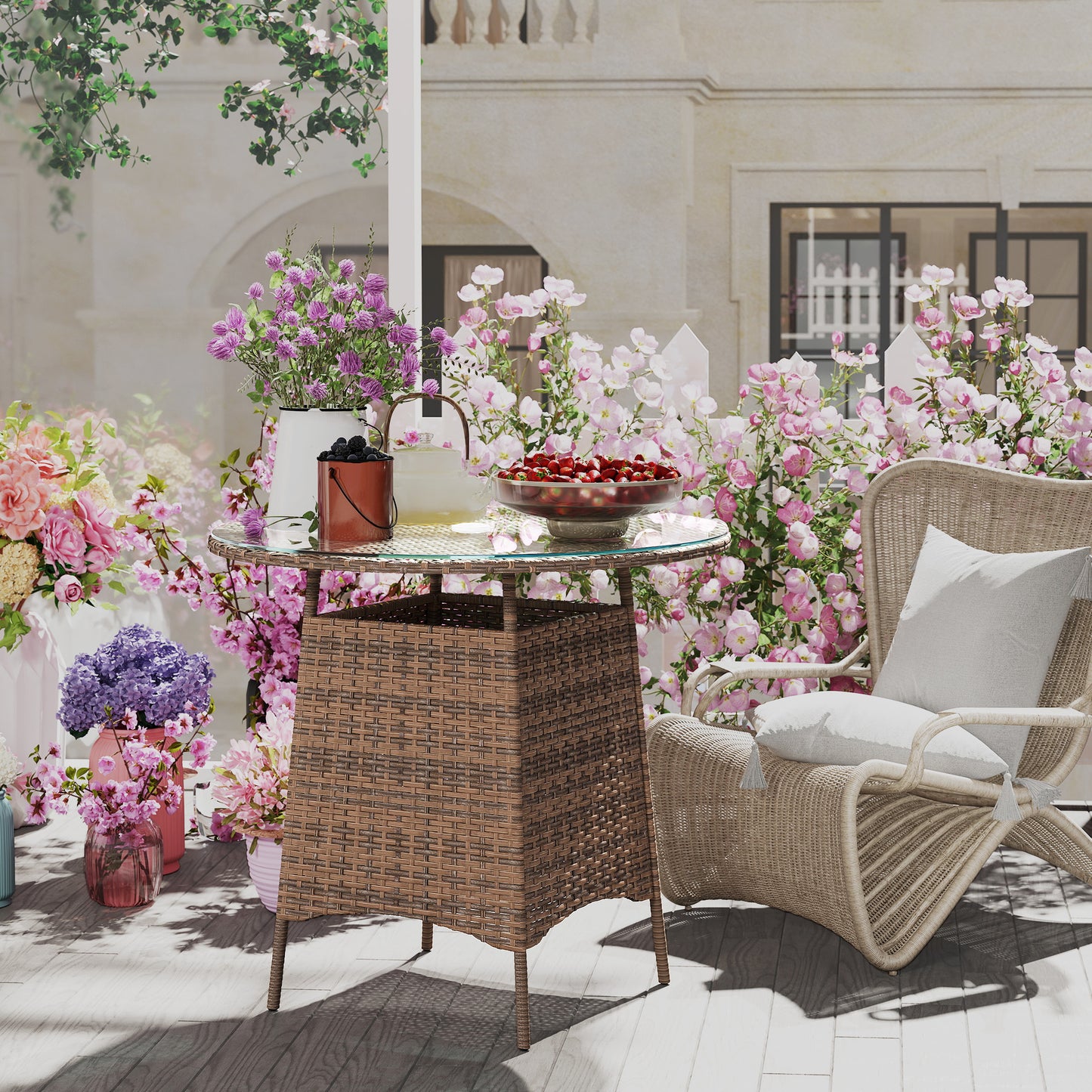 Outsunny Wicker Garden Rattan Coffee Table With Umbrella Hole And Tempered Glass Top Brown Outdoor Patio Furniture