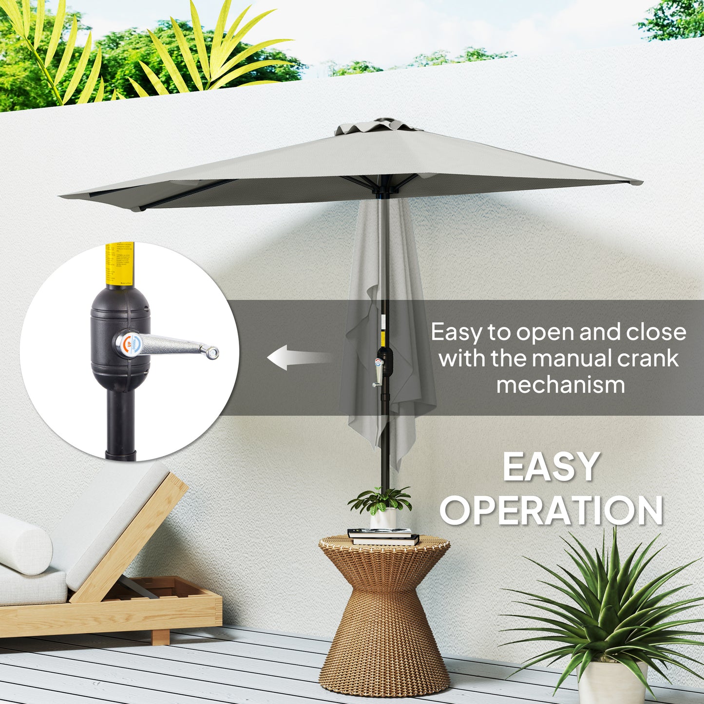 Outsunny Half Round Solar Parasol Umbrella for Balconies and Small Gardens Light Grey